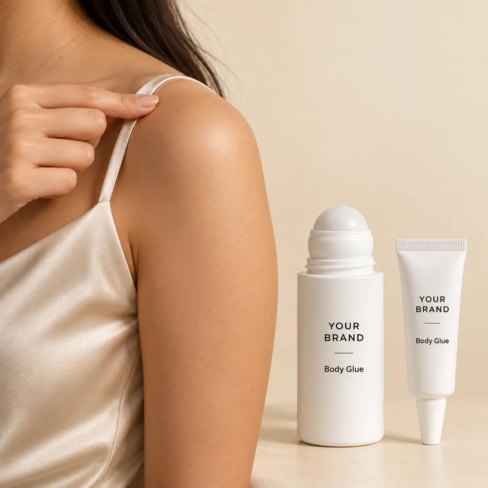 Body glue holding a dress strap in place on the shoulder, next to a private label roll-on and tube