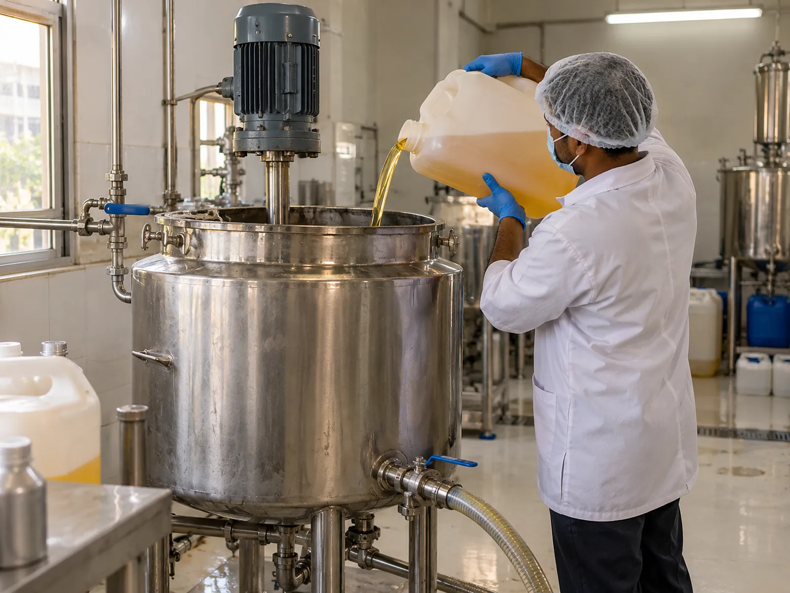Fragrance oil being poured into a stainless steel mixing tank