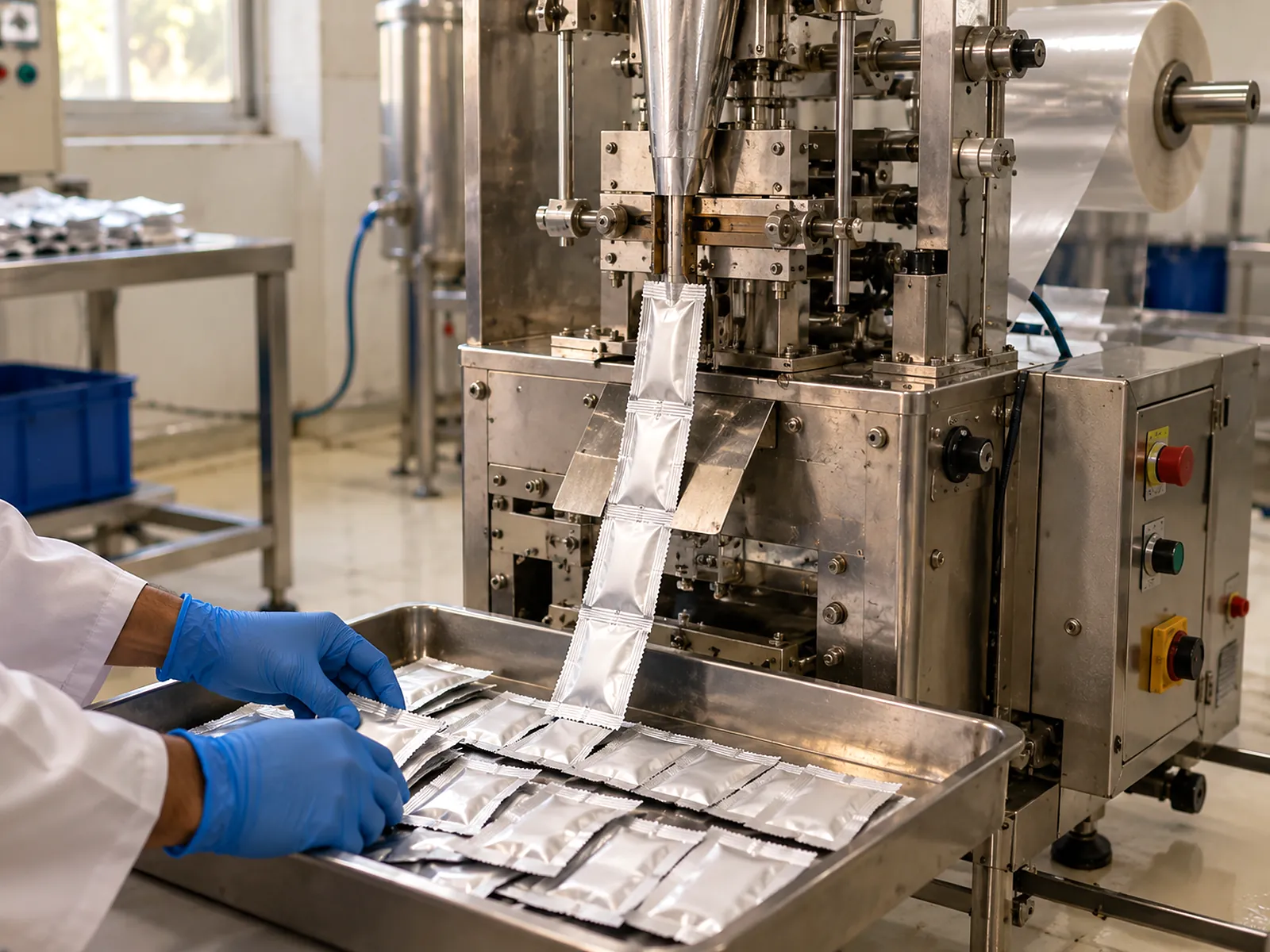 Perfume sachets coming off a sachet packing machine