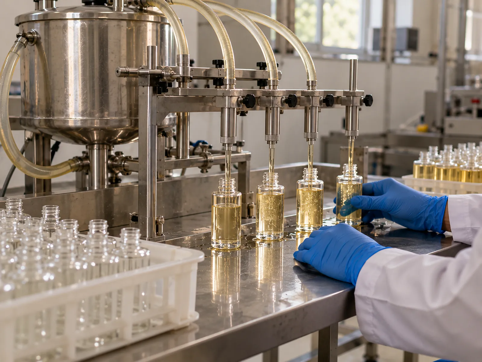 Perfume bottles being filled on a filling machine