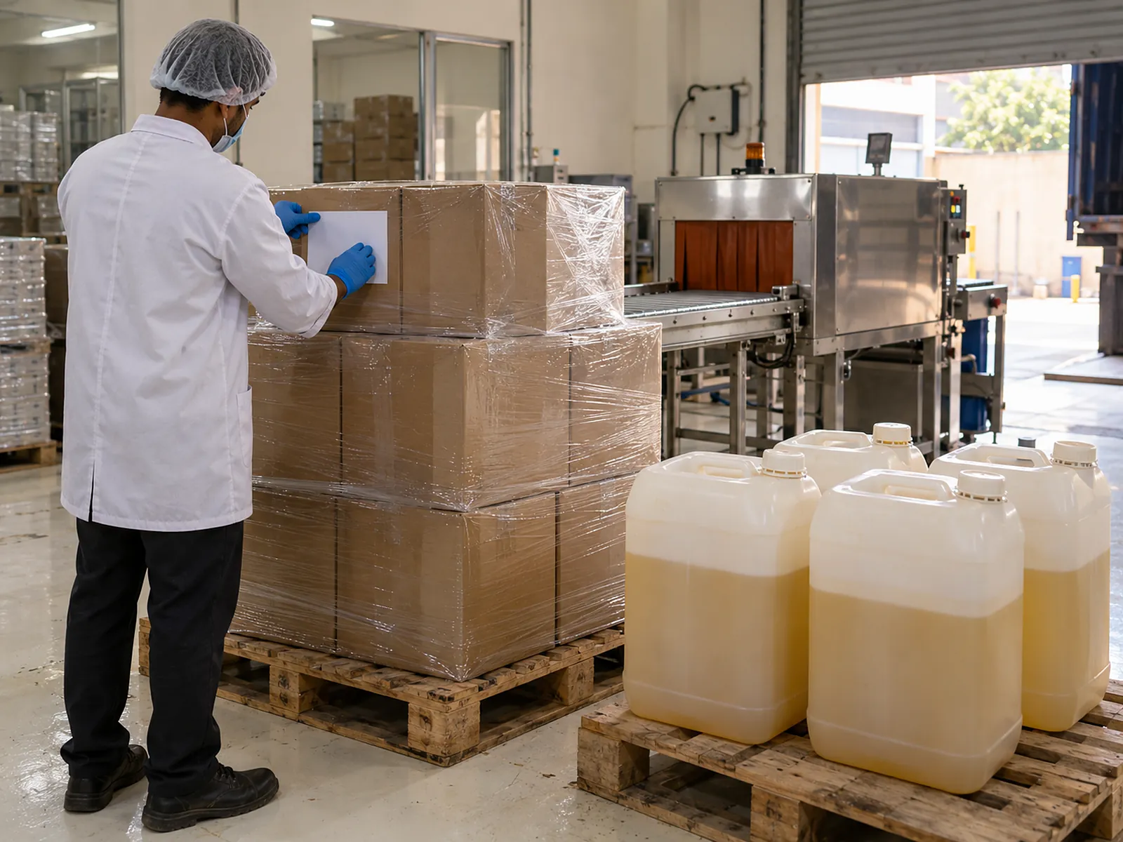 Shrink-wrapped cartons and 25 kg fragrance oil cans on a pallet