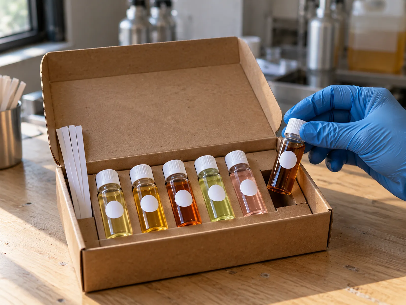 Sample kit of small fragrance oil vials with smelling strips