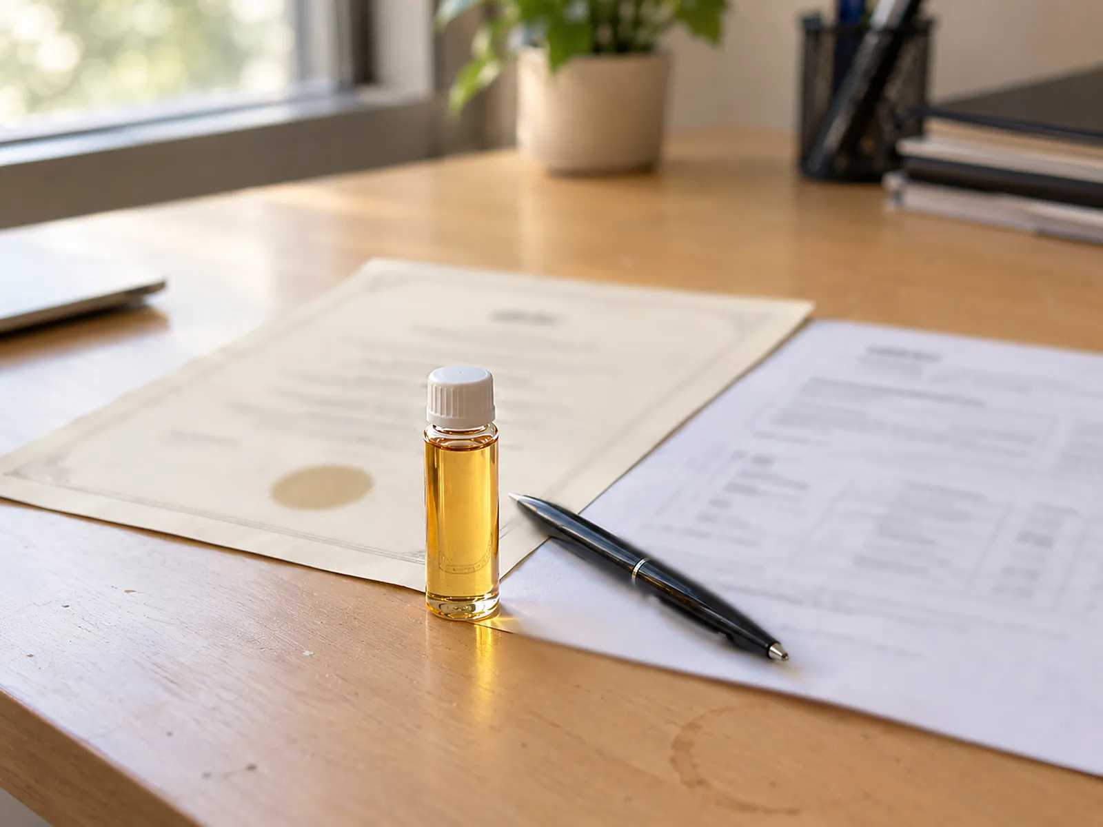 Certificate and data sheet beside a fragrance oil vial