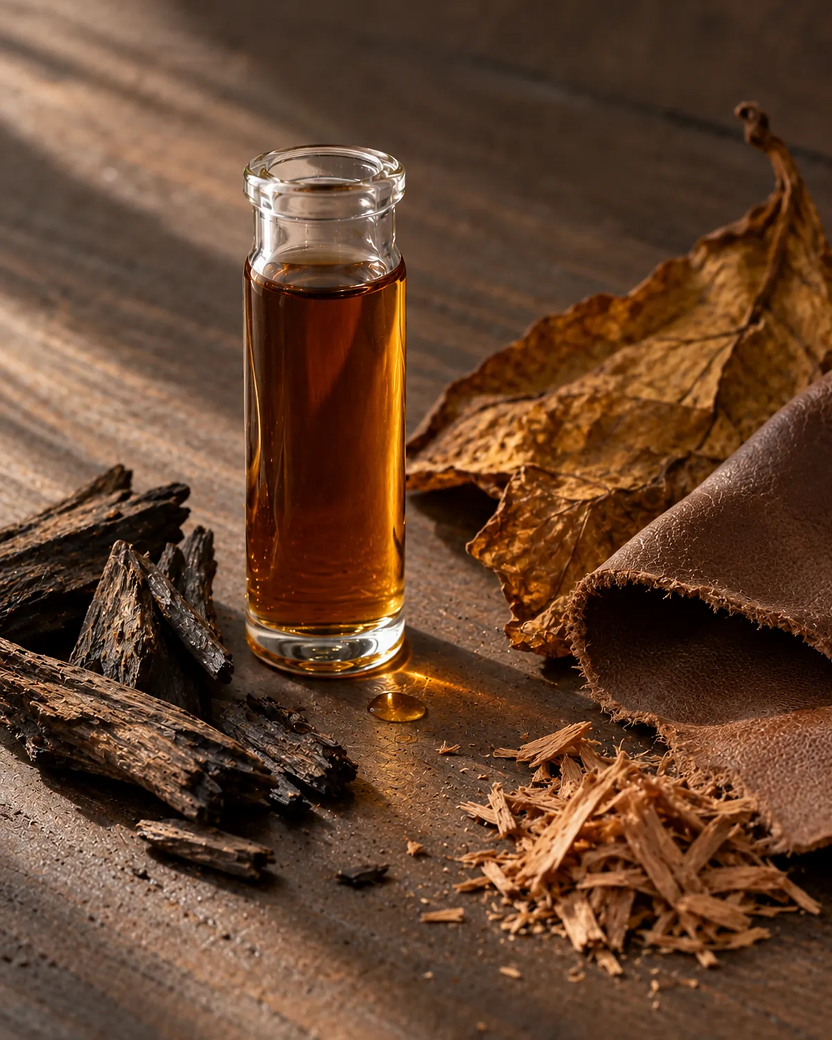 Dark woods & leather fragrance mood: Oud wood, Leather, Tobacco